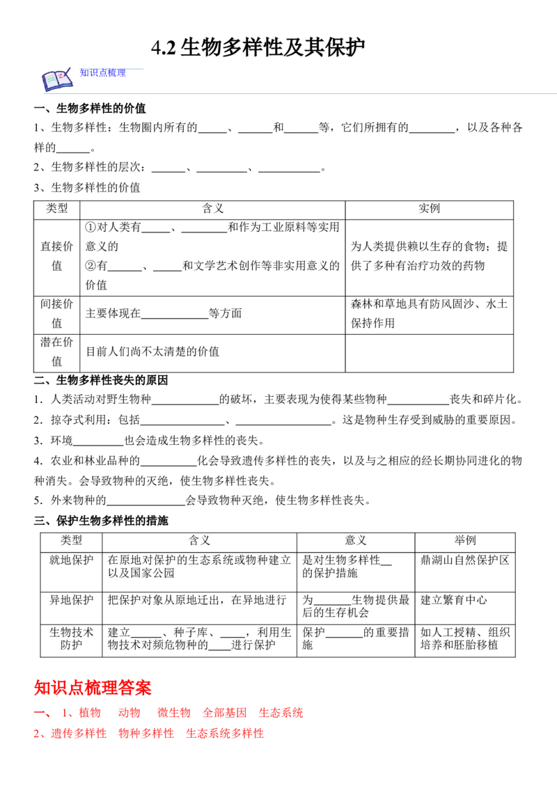 4.2生物多样性及其保护（解析版）_高中九科知识点归纳。_人教版高中Word电子版试卷练习试题知识点全科_高中生物试卷习题_生物选修_选修2_人教版生物选修二同步练习（048份）