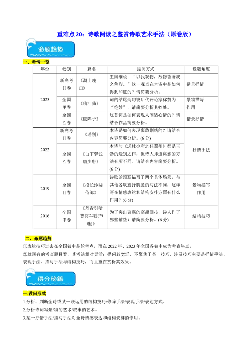 重难点20：诗歌阅读之鉴赏诗歌艺术手法（原卷版）_01高考语文_4.22024年新高考资料_3.2024专项复习_2024年高考语文热点&middot;重点&middot;难点专练（新高考专用）