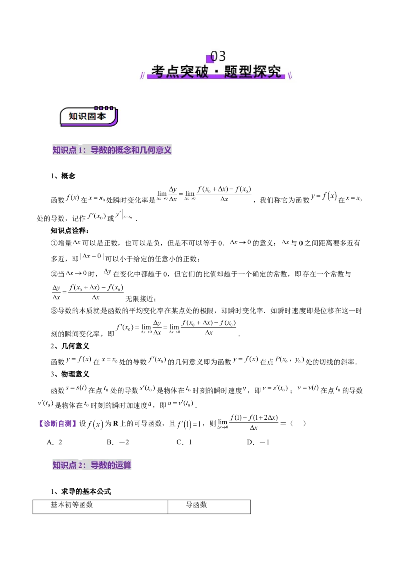 第01讲导数的概念及其意义、导数的运算（十二大题型）（讲义）（原卷版）_2.2025数学总复习_2025年新高考资料_一轮复习_2025年高考数学一轮复习讲练测（新教材新高考，含2024高考真题）