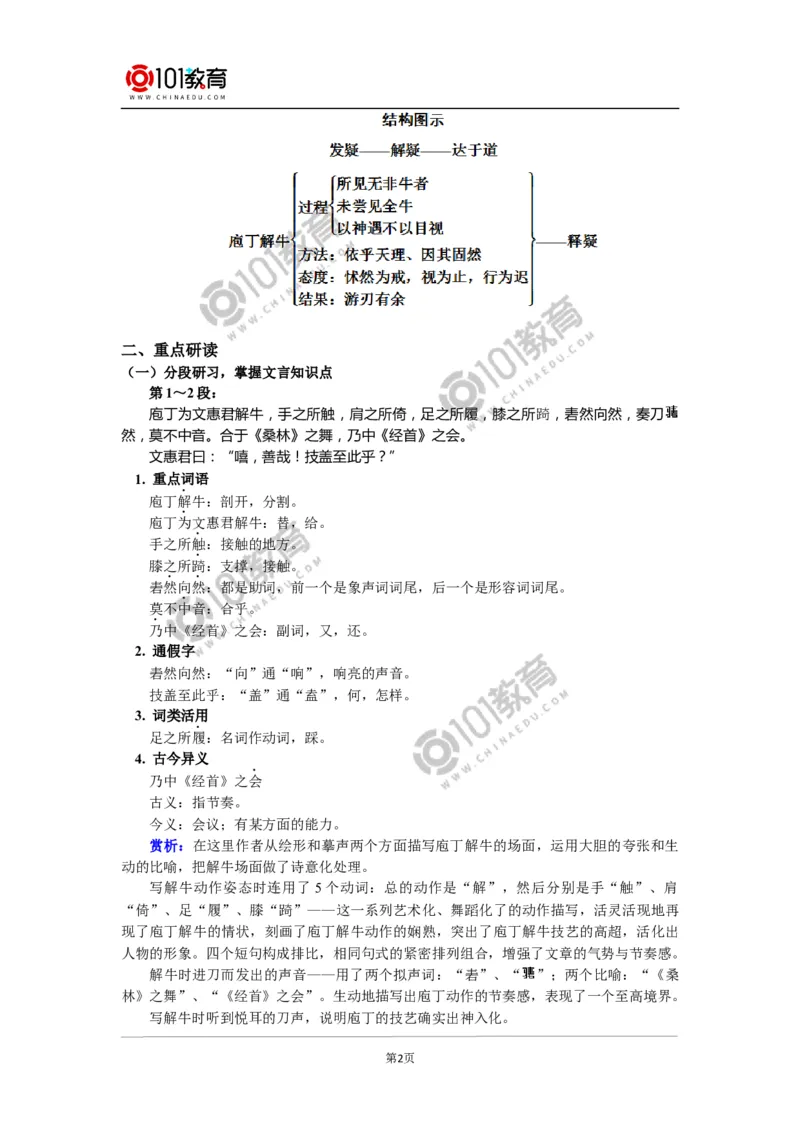 《庖丁解牛》_同步视频课高中语文_新版人教版_新人教版高中语文必修一二_新人教版高中语文必修第二册_101教育高一语文必修第二册配套学案和练习