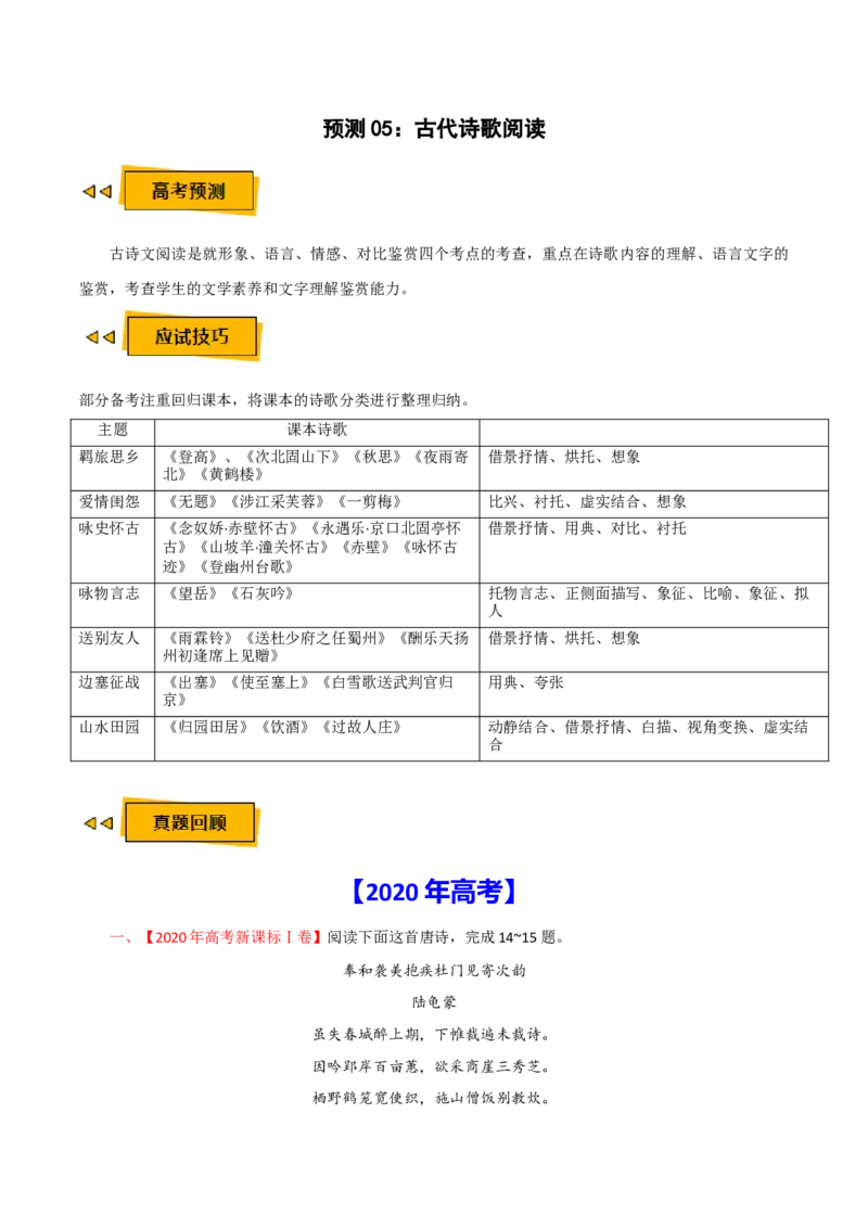 预测05古代诗歌阅读-临门一脚2021年高考语文三轮冲刺过关（新高考专用）（原卷版）_01高考语文_12021年新高考资料_2021年高考语文三轮冲刺过关（新高考专用）(等13份资料)