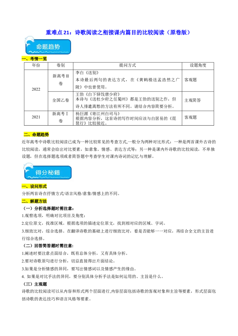 重难点21：诗歌阅读之教考衔接课内篇目（原卷版）_01高考语文_4.22024年新高考资料_3.2024专项复习_2024年高考语文热点&middot;重点&middot;难点专练（新高考专用）