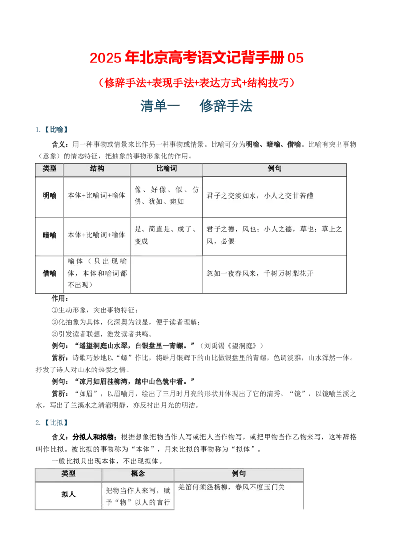 记背手册05：高考古诗鉴赏知识清单（修辞手法表现手法表达方式结构技巧）-备战2025年高考语文一轮复习考点帮（北京专用）_01高考语文_52025年新高考资料_一轮复习