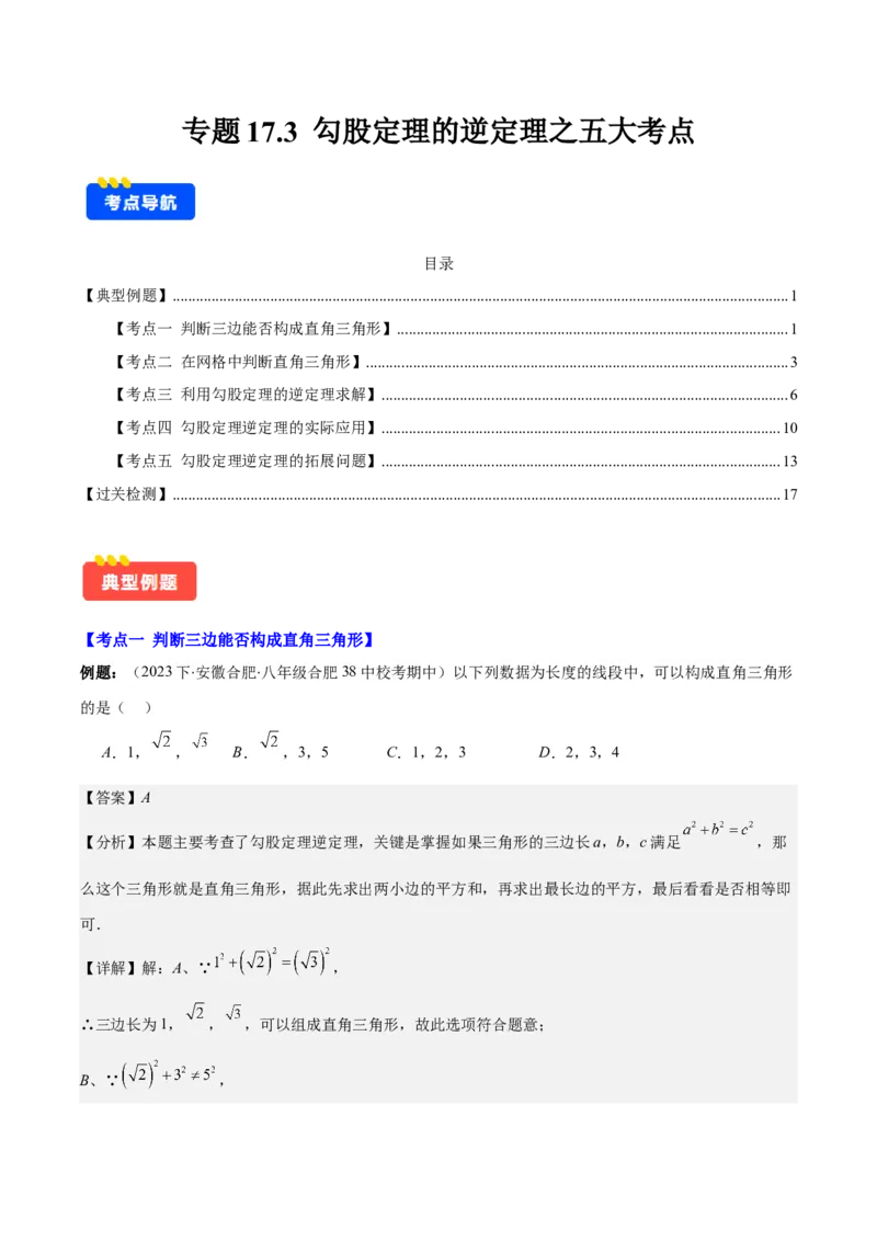 专题17.3勾股定理的逆定理之五大考点(教师版)_初中数学_八年级数学下册（人教版）_重难点专题提优-V8