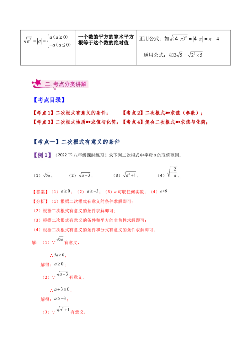 专题16.1二次根式（知识梳理与考点分类讲解）（人教版）_初中数学_八年级数学下册（人教版）_专题突破练习-V4