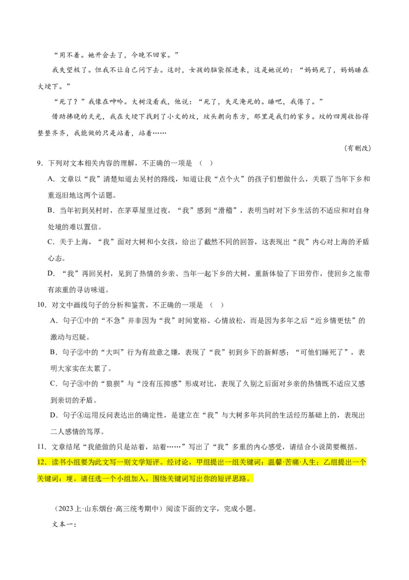 解密13文学类文本群文阅读之双文短评（分层训练）（原卷版）_01高考语文_4.22024年新高考资料_2.2024二轮复习