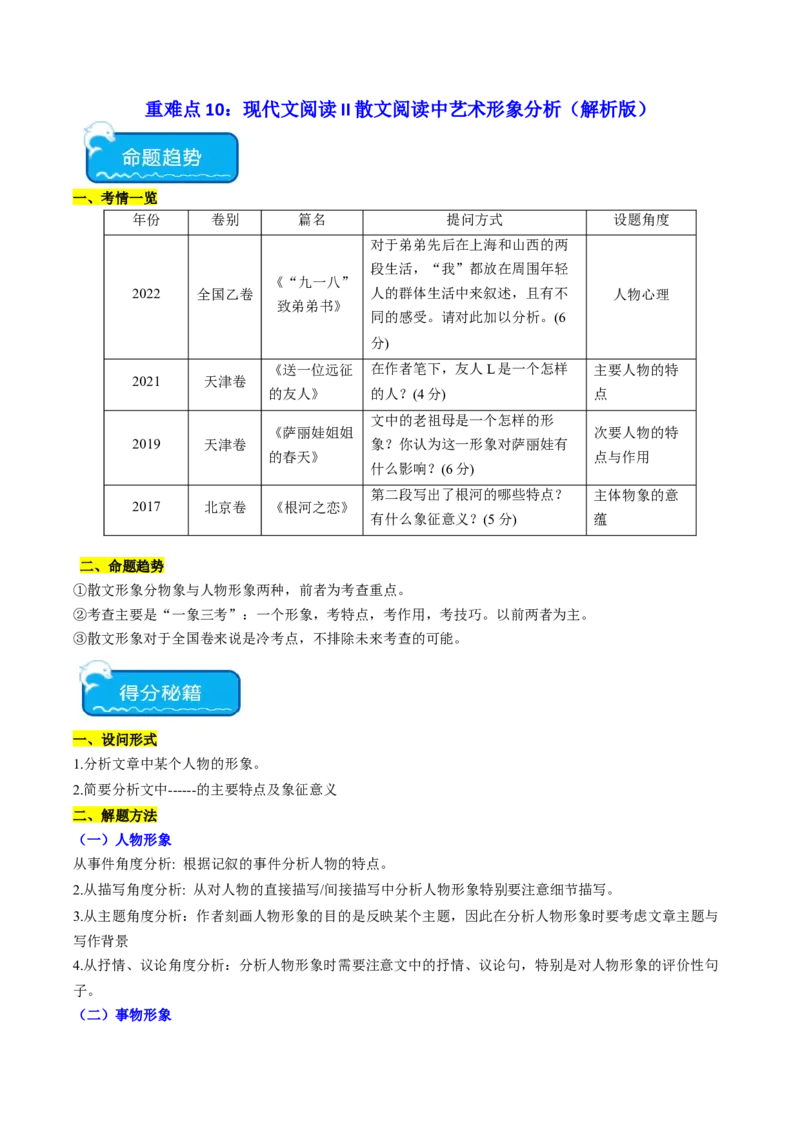 重难点10现代文阅读II散文阅读中艺术形象分析（解析版）_01高考语文_4.22024年新高考资料_3.2024专项复习_2024年高考语文热点&middot;重点&middot;难点专练（新高考专用）