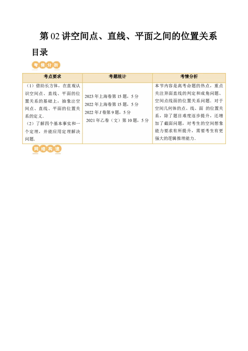 第02讲空间点、直线、平面之间的位置关系（六大题型）（讲义）（原卷版）_2.2025数学总复习_2024年新高考资料_1.2024一轮复习_2024年高考数学一轮复习讲练测（新教材新高考）