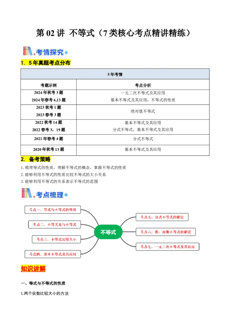 第02讲不等式（7类核心考点精讲精练）原卷版_2.2025数学总复习_2025年新高考资料_一轮复习_备战2025年高考数学一轮复习考点帮_备战2025年高考数学一轮复习考点帮（上海专版）