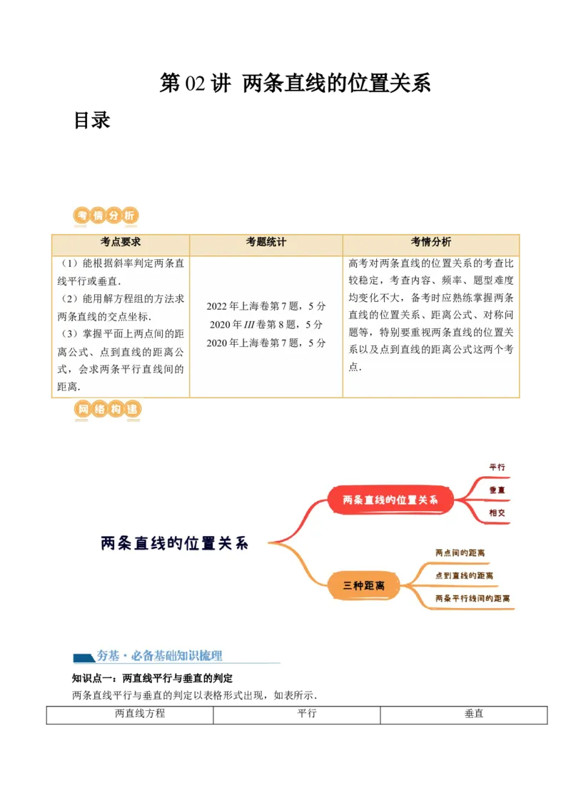 第02讲两条直线的位置关系（八大题型）（讲义）（原卷版）_2.2025数学总复习_2024年新高考资料_1.2024一轮复习_2024年高考数学一轮复习讲练测（新教材新高考）_第八章平面解析几何