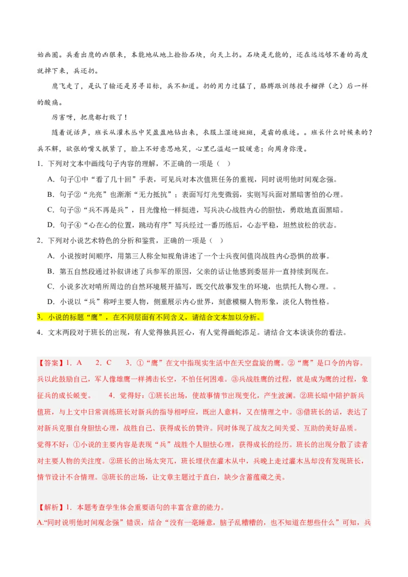 解密08文学类文本阅读小说之综合探究分析（分层训练）（解析版）_01高考语文_4.22024年新高考资料_2.2024二轮复习