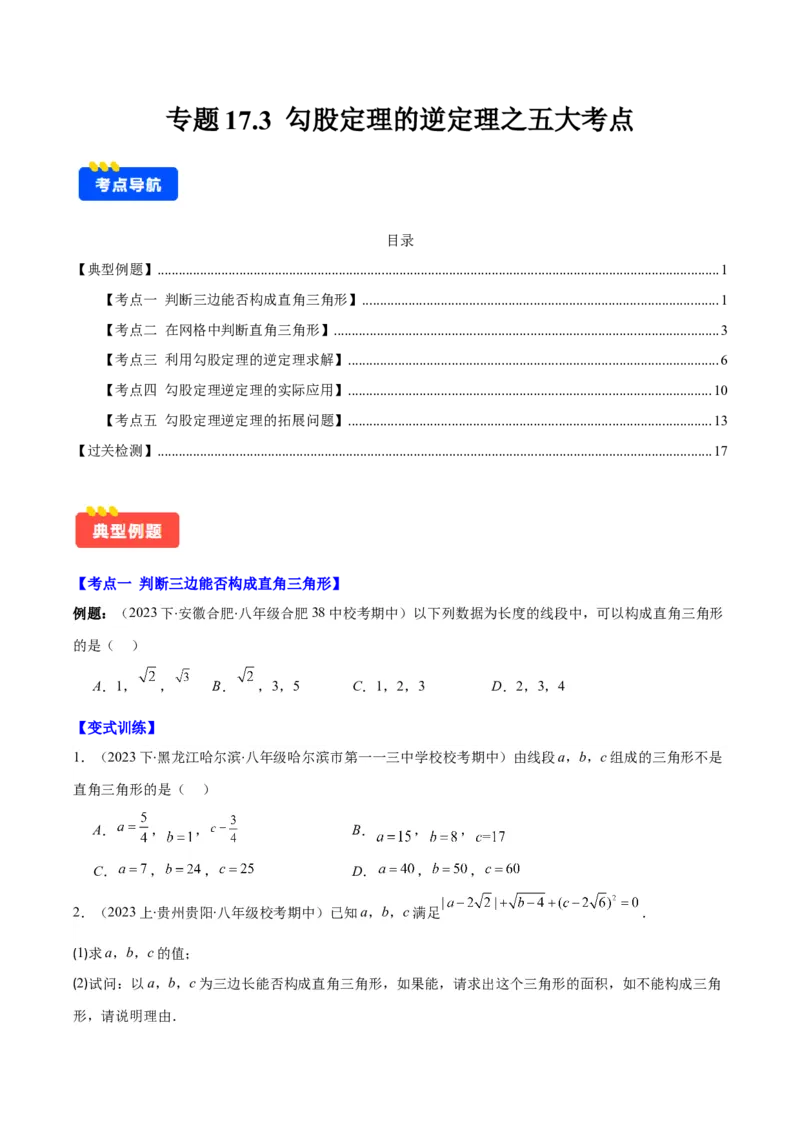 专题17.3勾股定理的逆定理之五大考点(学生版)_初中数学_八年级数学下册（人教版）_重难点专题提优-V8
