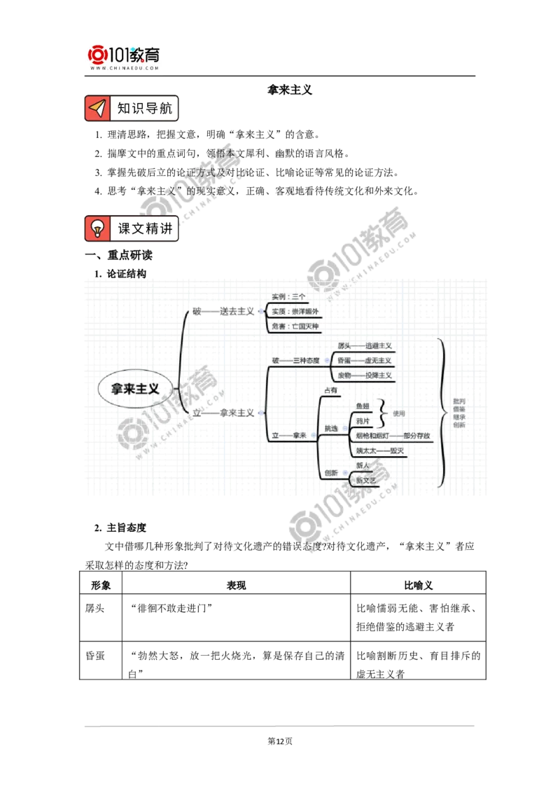 《反对党八股》；《拿来主义》_同步视频课高中语文_新版人教版_新人教版高中语文必修一二_新人教版高中语文必修第一册_101教育语文必修第一册配套学案和练习