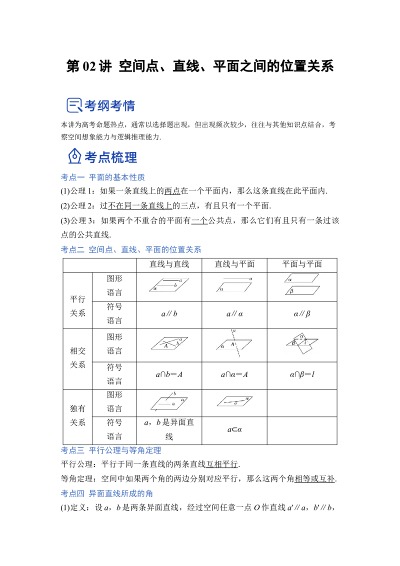 第02讲空间点、直线、平面之间的位置关系（讲）（原卷版）_2.2025数学总复习_赠品通用版（老高考）复习资料_一轮复习_2023年高考数学一轮复习讲练测（全国通用）_专题08立体几何