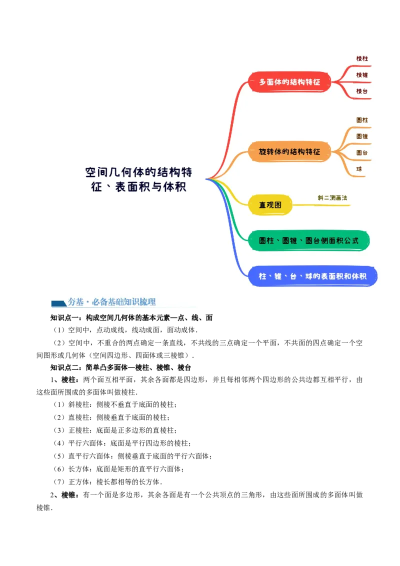 第01讲空间几何体的结构特征、表面积与体积（六大题型）（讲义）（原卷版）_2.2025数学总复习_2024年新高考资料_1.2024一轮复习_2024年高考数学一轮复习讲练测（新教材新高考）