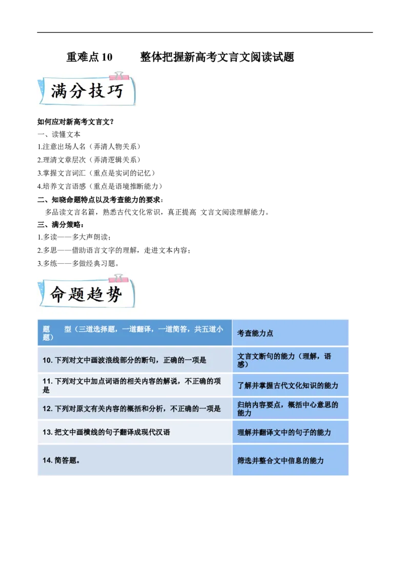 重难点10整体把握新高考文言文阅读-2023年高考语文热点&middot;重点&middot;难点专练（新高考）（原卷版）_01高考语文_32023年新高考资料_专项复习