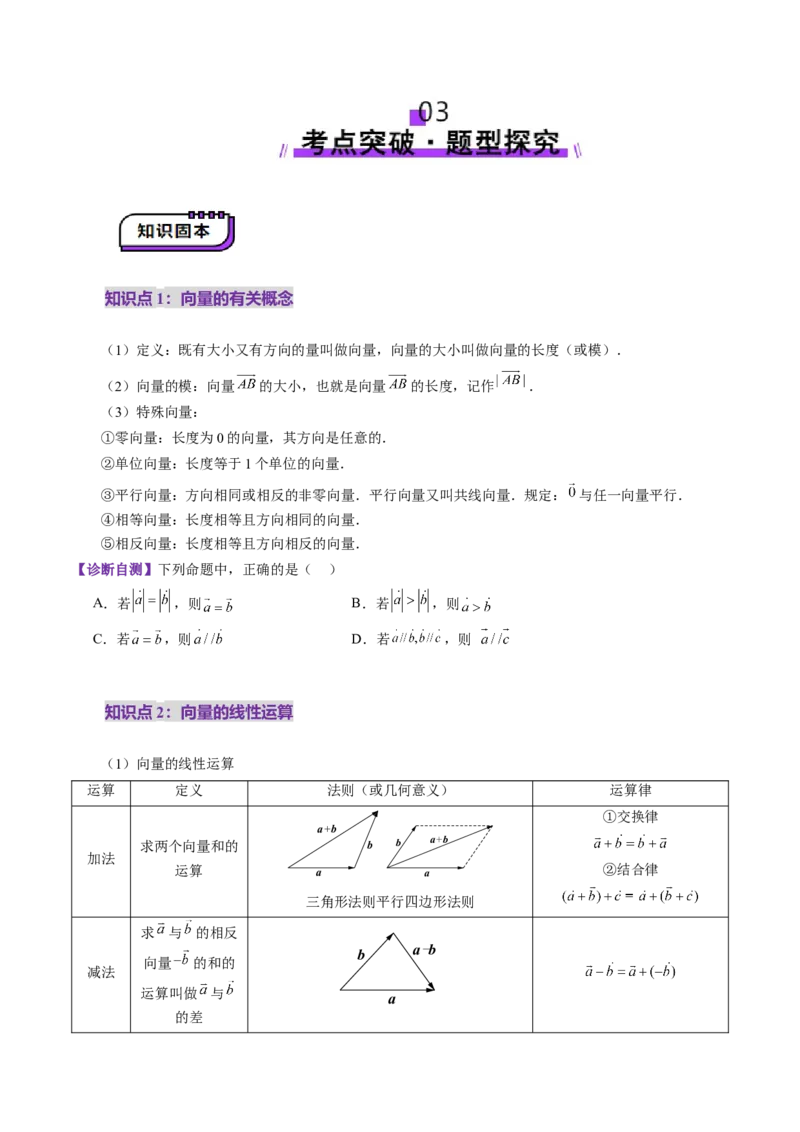第01讲平面向量的概念及线性运算（六大题型）（讲义）（原卷版）_2.2025数学总复习_2025年新高考资料_一轮复习_2025年高考数学一轮复习讲练测（新教材新高考，含2024高考真题）