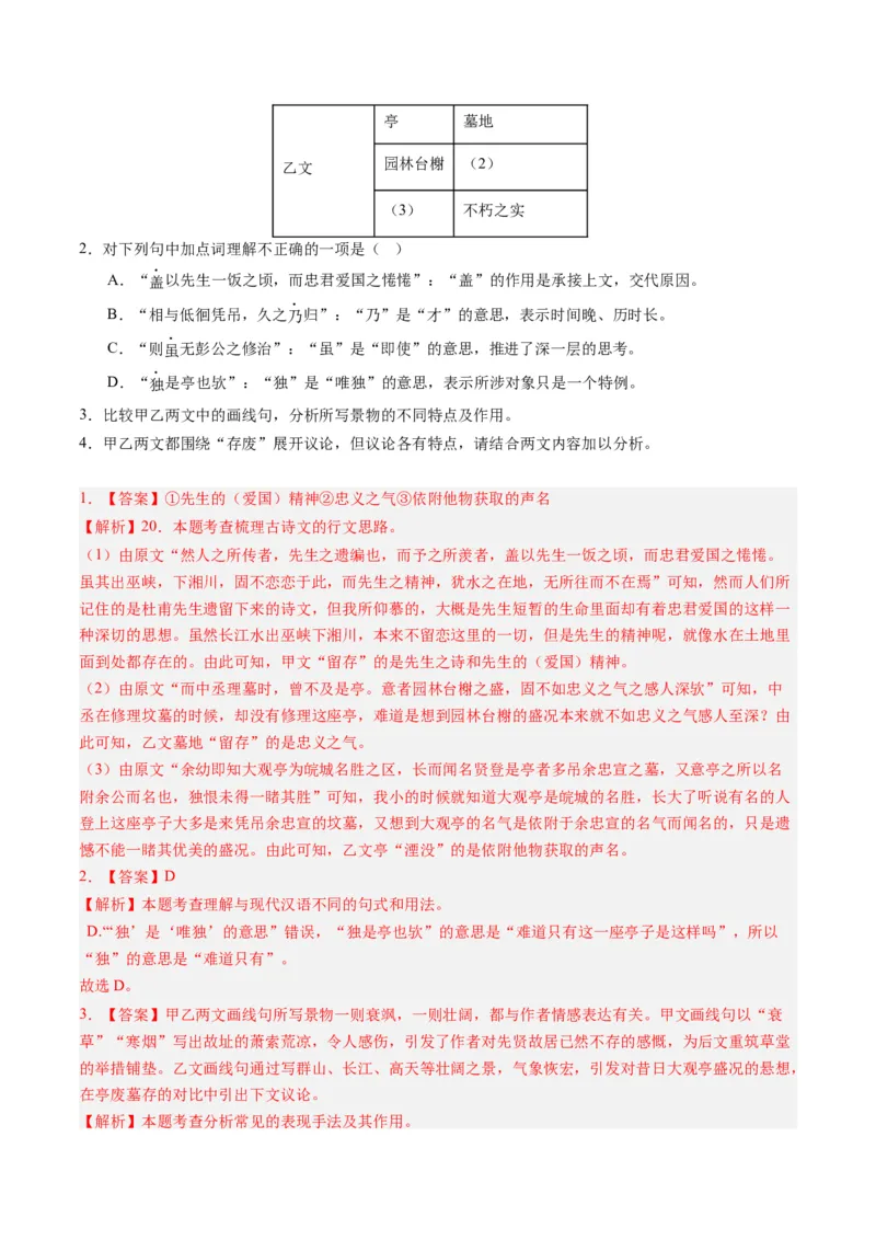 重难点10杂记类文言文阅读（上海一模卷精选强化）-2024年高考语文热点&middot;重点&middot;难点专练（上海专用）（解析版）_01高考语文_4.22024年新高考资料_3.2024专项复习