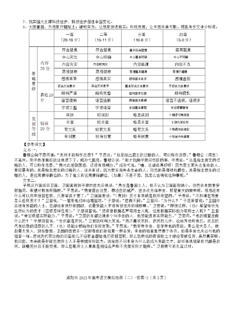 陕西省咸阳市2023年高考模拟检测（二）语文答案公众号：一枚试卷君_01高考语文_32023年新高考资料_3模拟题_老高考_陕西省咸阳市2023年高考模拟检测（二）语文