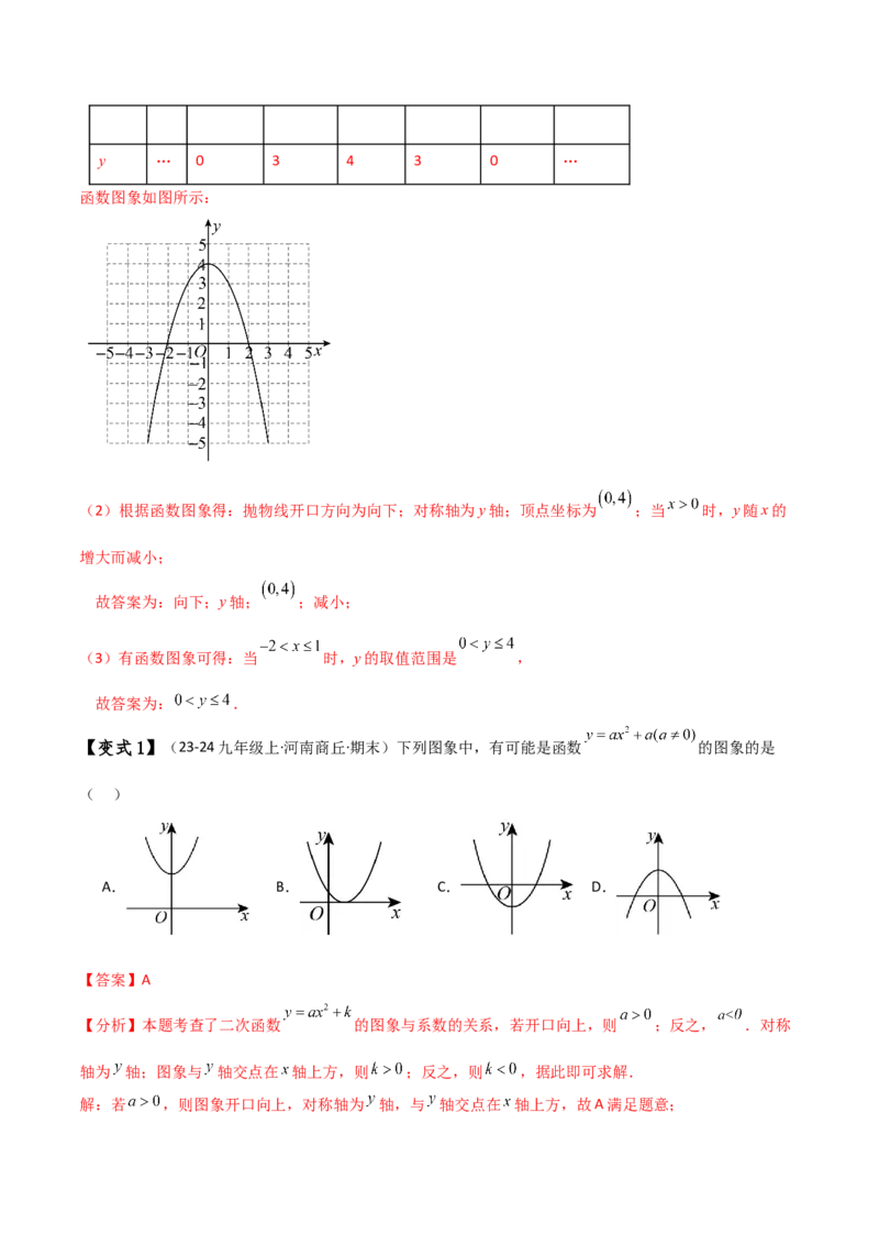 专题22.1二次函数y=ax&sup2;(a&ne;0)和y=ax&sup2;+c(a&ne;0)的图象与性质（知识梳理与考点分类讲解）（人教版）（教师版）_初中数学_九年级数学上册（人教版）_专题突破练习-V4_2025版