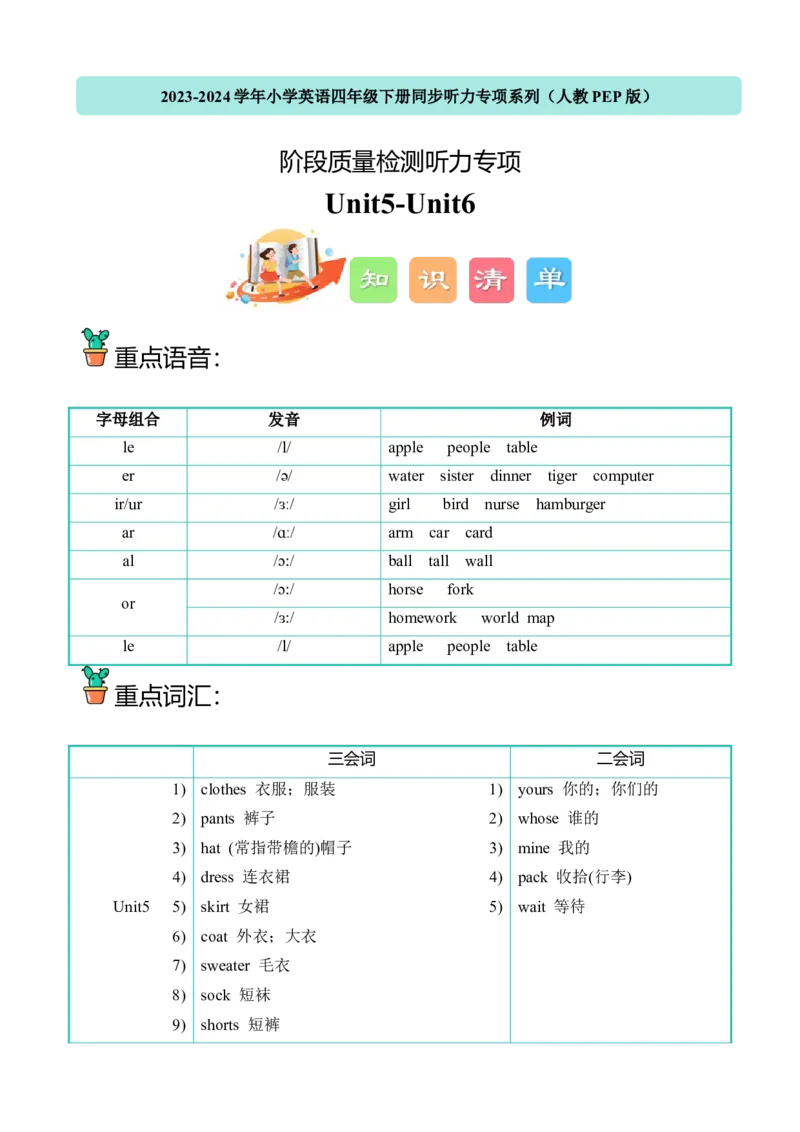 U5-U6阶段质量检测听力专项-2023-2024学年小学英语四年级下册同步听力专项系列（人教PEP版）_听力专项练习-T4_2024版