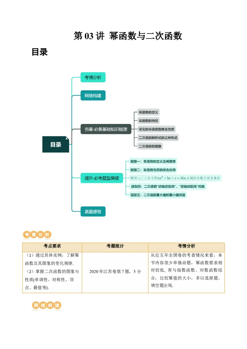 第03讲幂函数与二次函数（讲义）（解析版）_2.2025数学总复习_2024年新高考资料_1.2024一轮复习_2024年高考数学一轮复习讲练测（新教材新高考）_第二章函数与基本初等函数