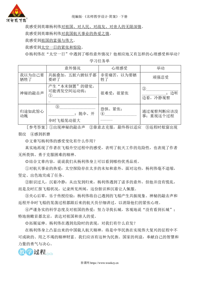 22太空一日（名师教学设计&middot;简案）_新人教版七下语文学习资料包_3.教学教案_01-新版七年级语文下状元大课堂教案_2.7语下《名师教学设计》简案_6.第六单元