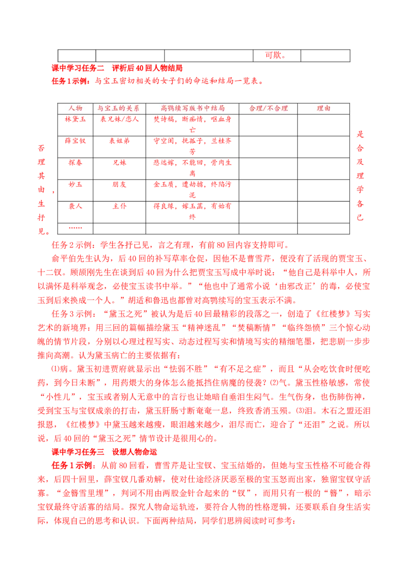 《红楼梦》第6课时：评析续作结局设想人物命运（导学案）-（统编版必修下册）_高语_高中语文_必修下册_导学案