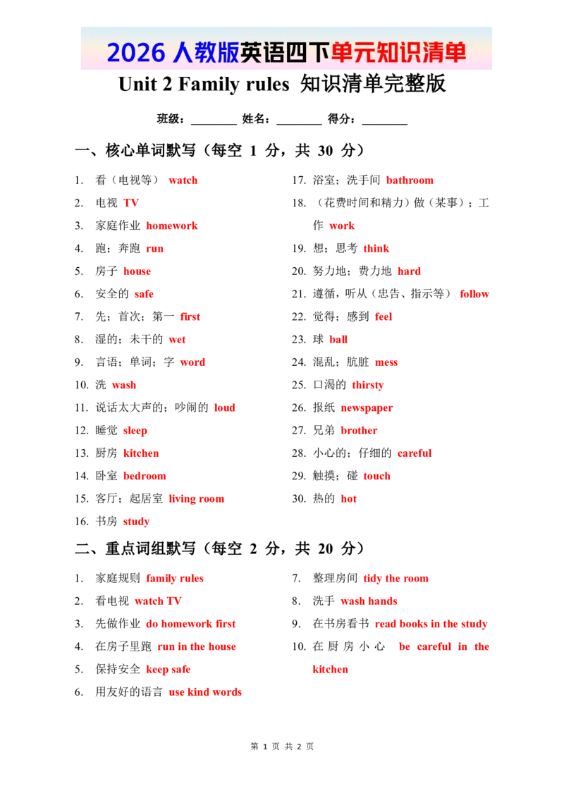2026春人教版英语四下知识清单Unit2完整版_20知识清单+默写（更新至U4）