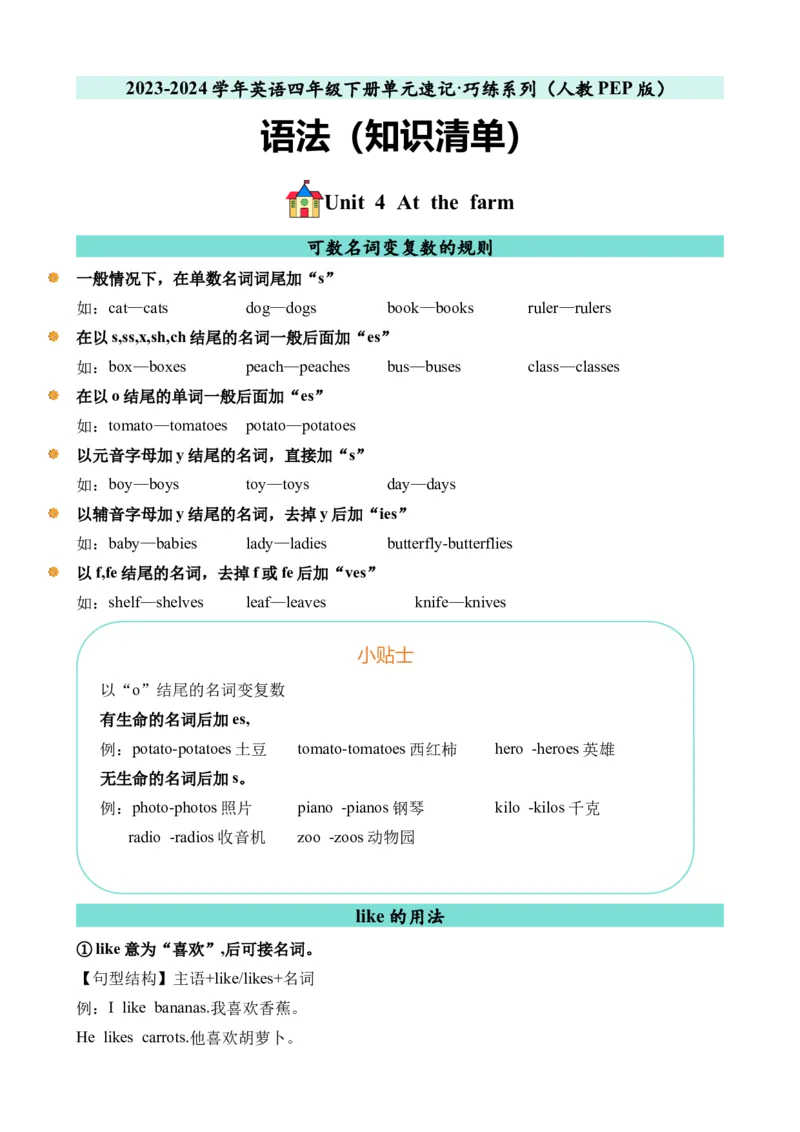 Unit4语法（知识清单）（人教PEP版）_单元复习专项-K50_2024版