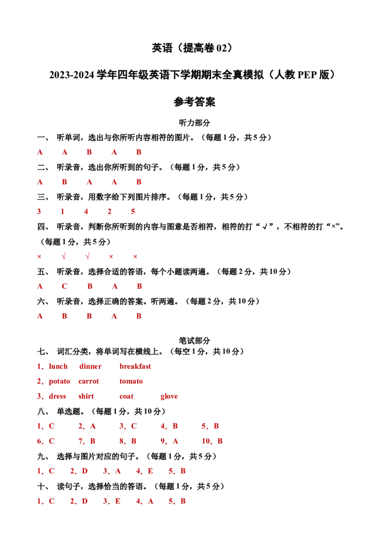 英语（提高卷02）（参考答案）_期中+期末-K152_期末试卷