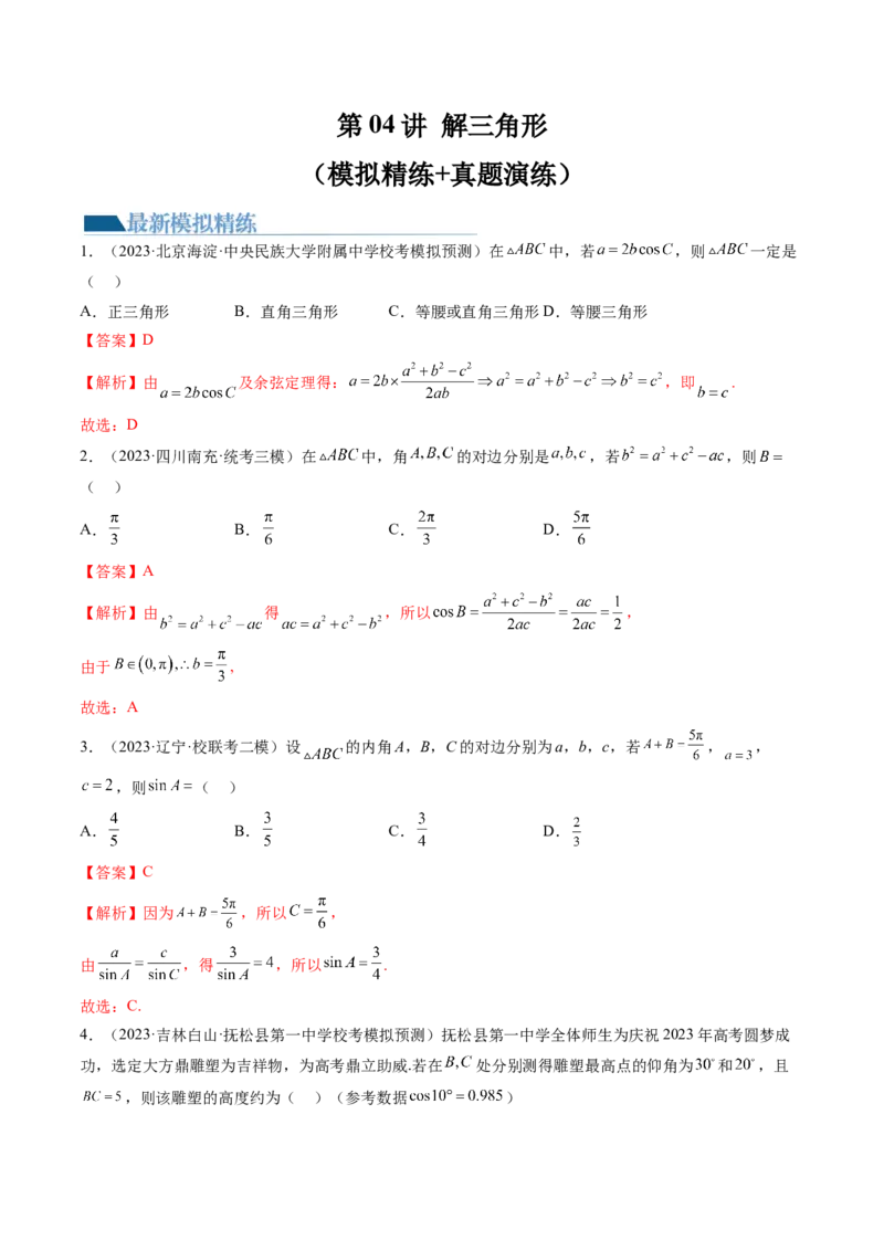 第04讲解三角形（练习）（解析版）_2.2025数学总复习_2024年新高考资料_1.2024一轮复习_2024年高考数学一轮复习讲练测（新教材新高考）_第四章三角函数、解三角形