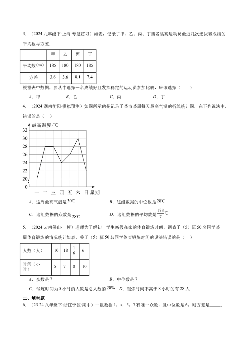 专题20.1平均数、中位数、众数、方差之八大考点(学生版)_初中数学_八年级数学下册（人教版）_重难点专题提优-V8