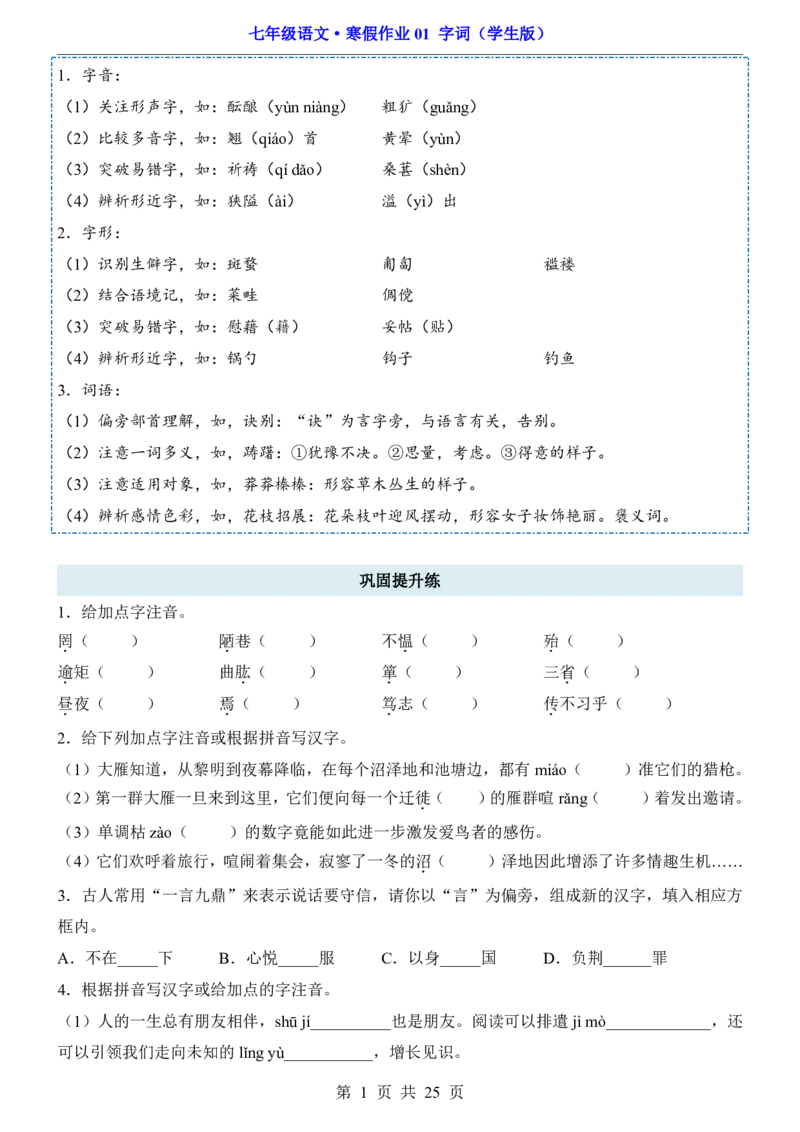 寒假作业01字词_新人教版七下语文学习资料包_9.寒假预习课讲义+作业练习_七下语文寒假作业