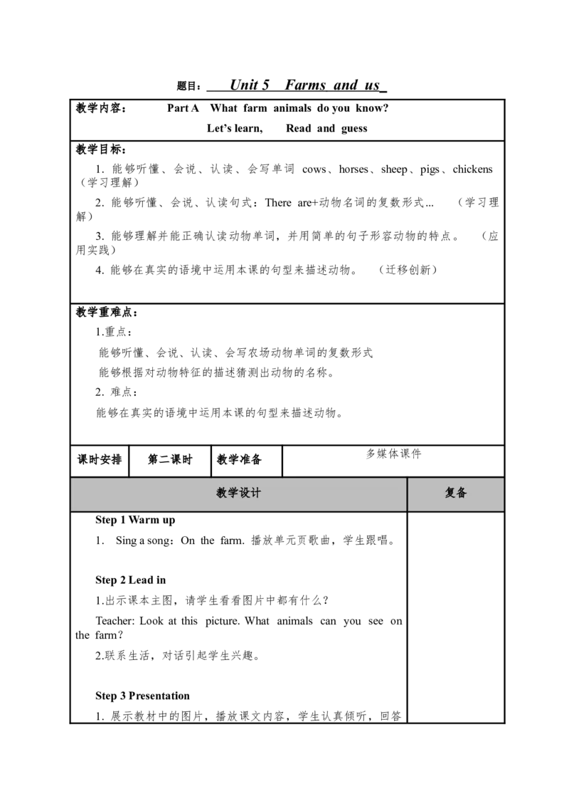 小学英语RJ版四年级下Unit5Farmsandus教案（6个课时）_00上课课件PPT+教案第四套完整版_4英-人教PEP-备课教案