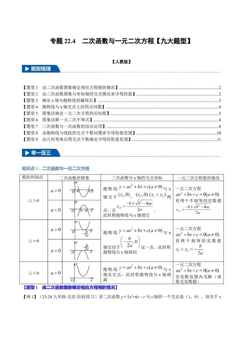 专题22.4二次函数与一元二次方程（九大题型）（举一反三）（人教版）（学生版）_初中数学_九年级数学上册（人教版）_母题专项-U66_2025版
