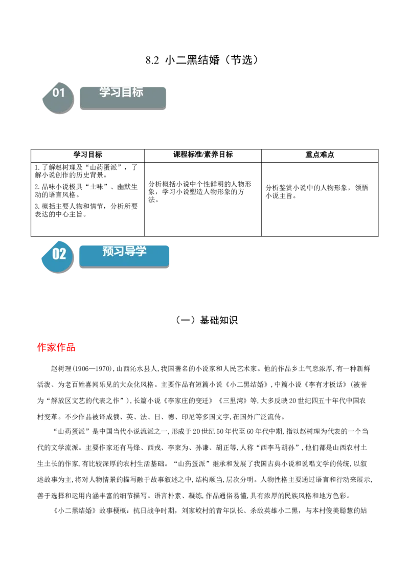 8.2《小二黑结婚》-高二语文（统编版选择性必修中册）（学生版）_高语_高中语文_选择性必修中册_同步讲义