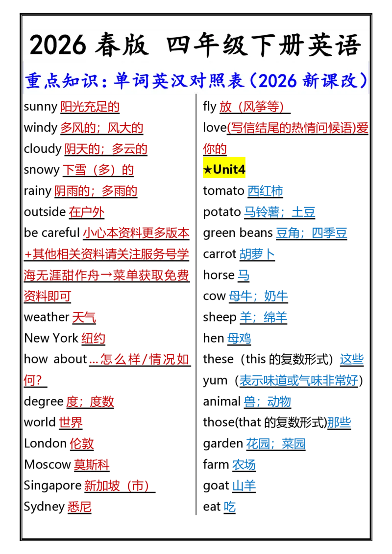 2026春新版四年级下册英语重点知识：单词英汉对照表_21练习题+试卷合集多套完整版_2026春四年级英语资料高清无水印整理版