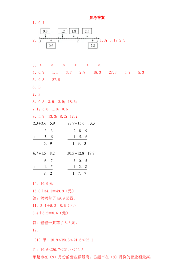 基础+拔高8.2一位小数的不进位加法、不退位减法三年级下册数学一课一练苏教版(1)_三年级数学下册（苏教版）_同步练习_课时练习_课时版本三