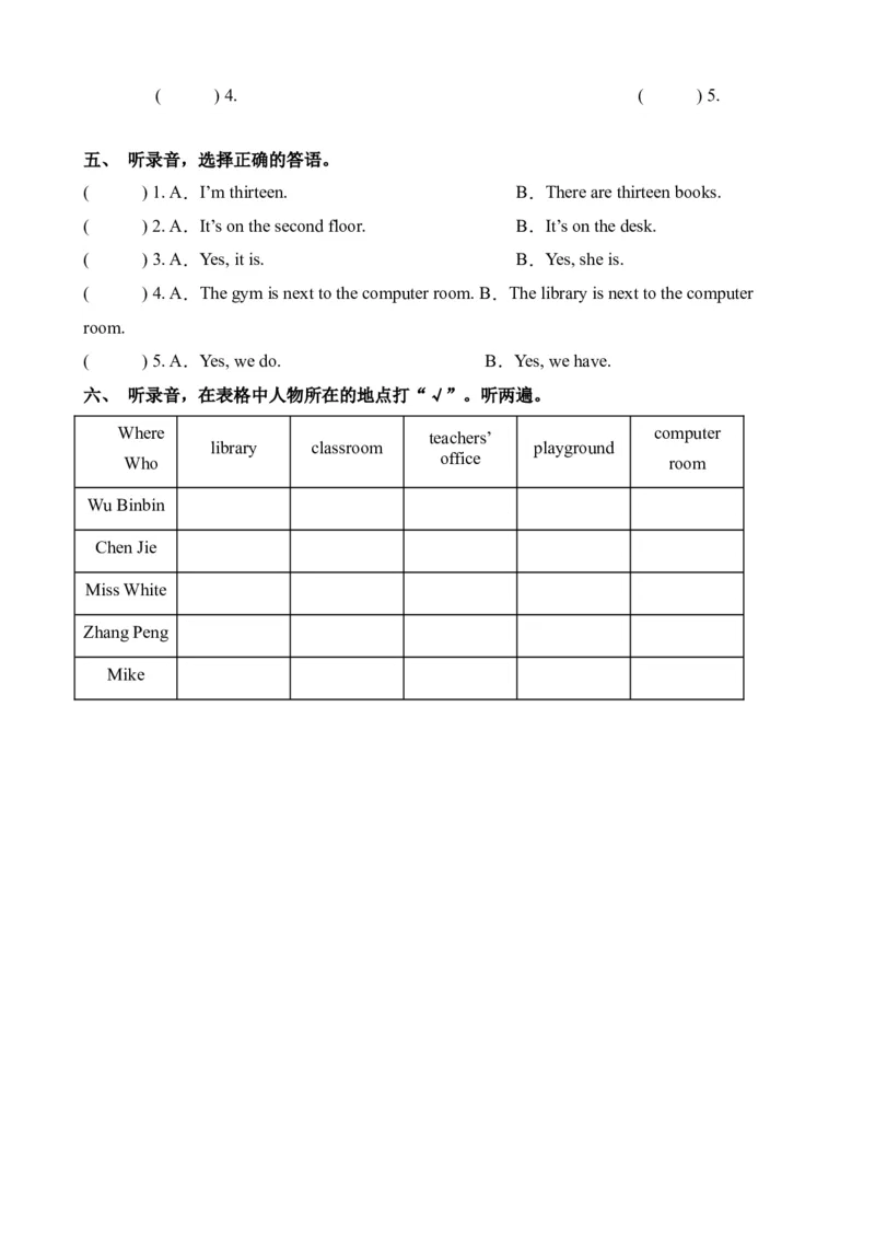 U1-U2阶段质量检测听力专项-2023-2024学年小学英语四年级下册同步听力专项系列（人教PEP版）_听力专项练习-T4_2024版