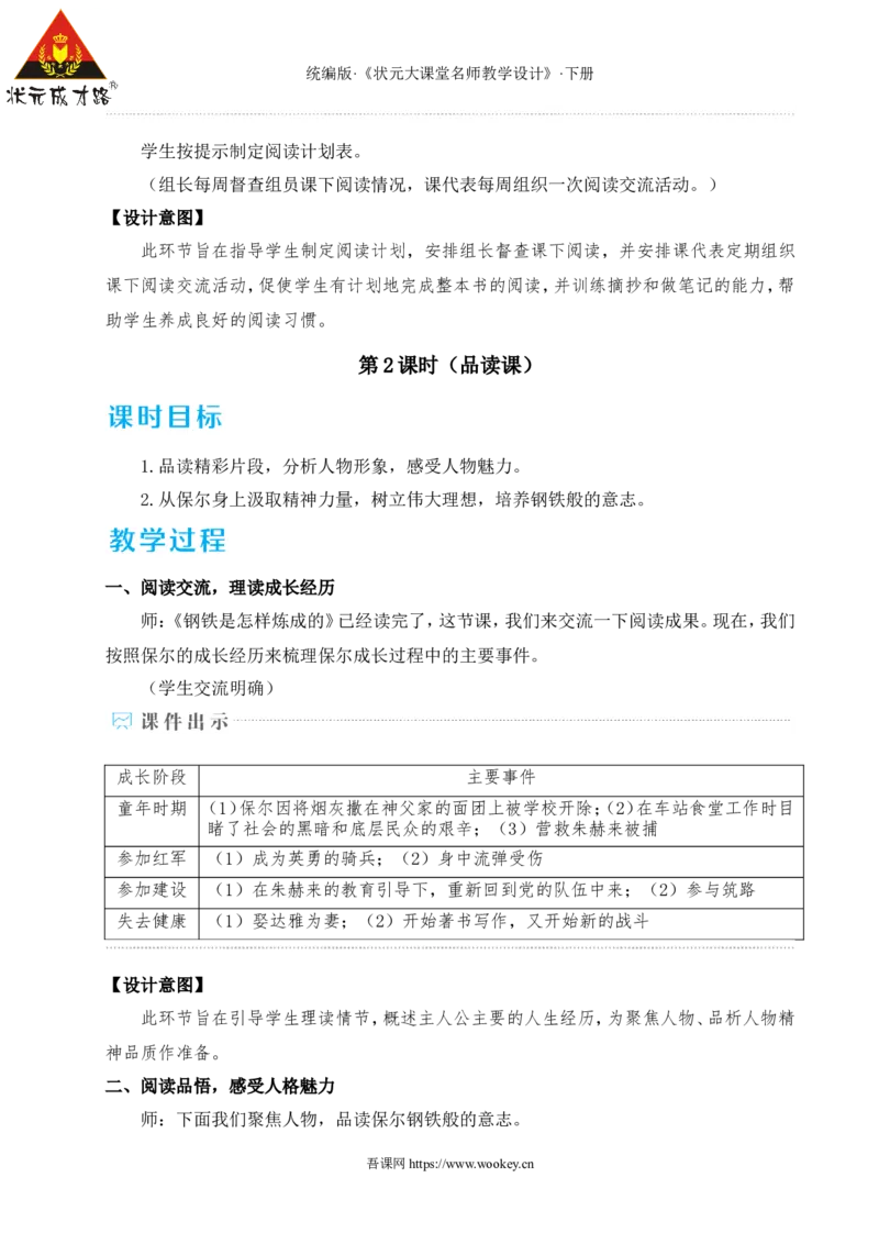 整本书阅读《钢铁是怎样炼成的》（名师教学设计&middot;详案）_新人教版七下语文学习资料包_3.教学教案_01-新版七年级语文下状元大课堂教案_2.7语下《名师教学设计》详案_5.第五单元