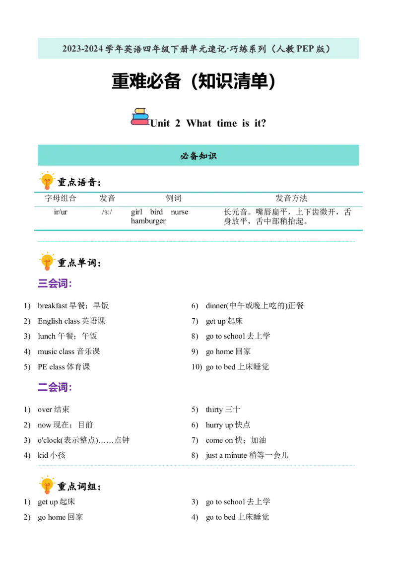 Unit2重难必备（知识清单）（人教PEP版）_单元复习专项-K50_2024版