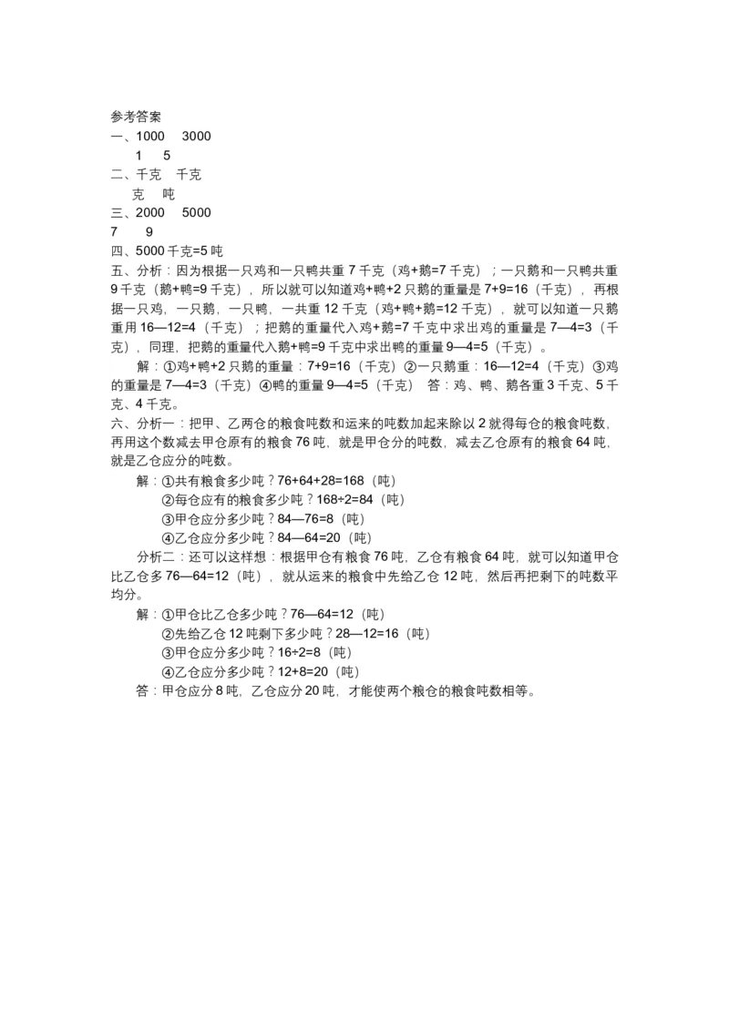千米与吨_三年级数学下册（苏教版）_全套教学资源_苏三数下其他试卷+重点讲练_二千米和吨_单元测试卷