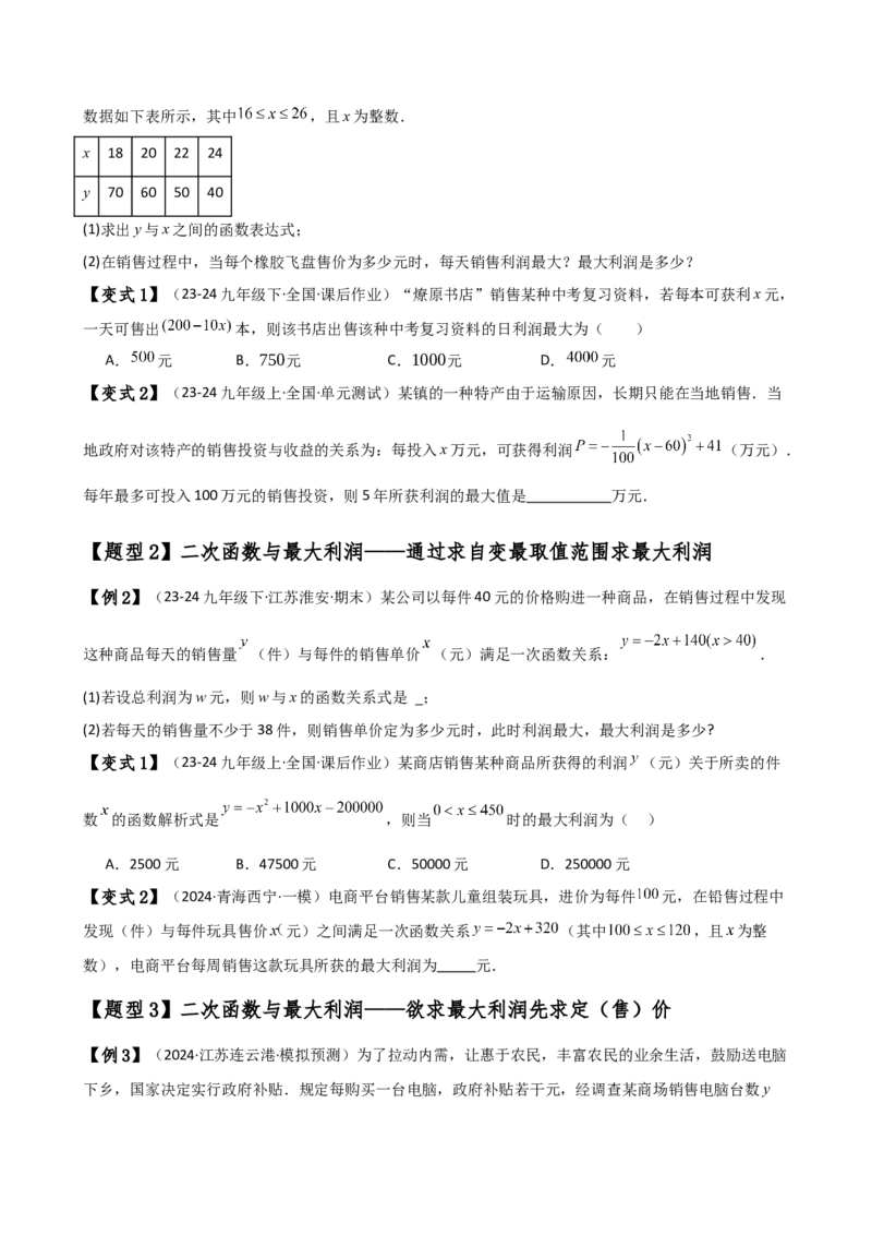 专题22.22二次函数与利润问题题型分类专题（知识梳理与考点分类讲解）（人教版）（学生版）_初中数学_九年级数学上册（人教版）_专题突破练习-V4_2025版