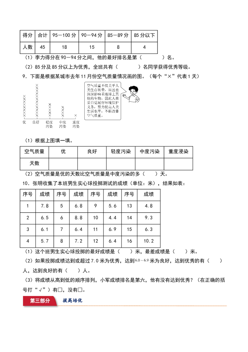 9.1&nbsp;数据的整理和表示（二）（5个知识点+15道习题培优）同步分层作业-（苏教版）_三年级数学下册（苏教版）_同步分层作业-K15_2025版