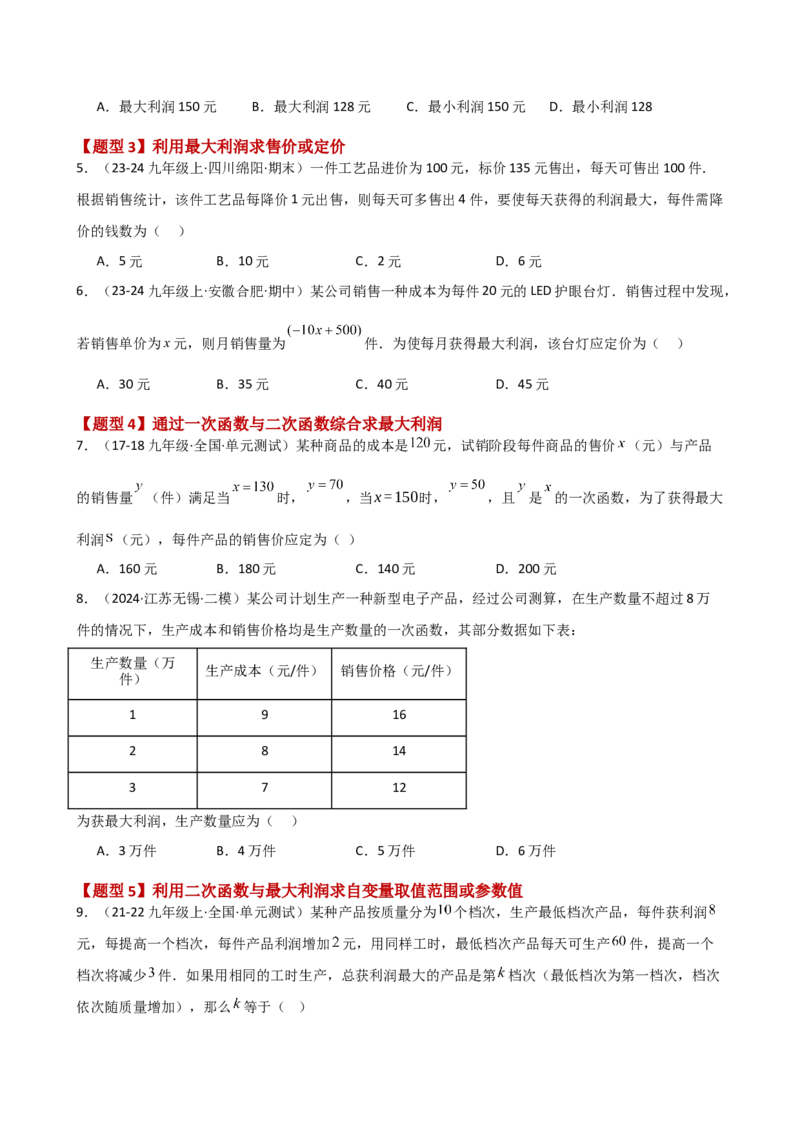 专题22.23二次函数与利润问题题型分类专题（分层练习）-（人教版）_初中数学_九年级数学上册（人教版）_专题突破练习-V4_2025版