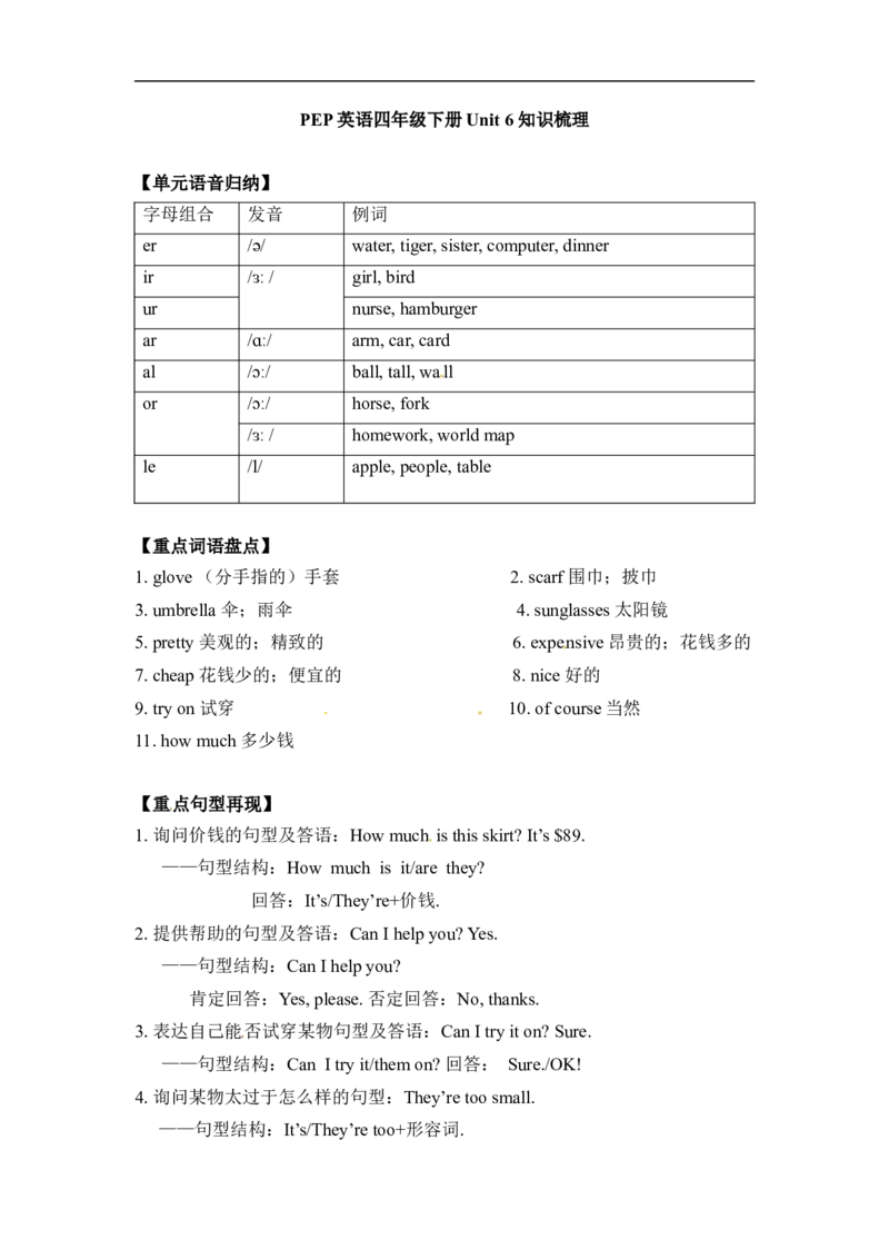 4下人教PEP单元知识点总结-Unit6_知识总结