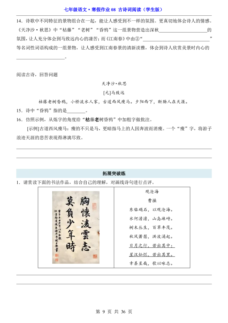 寒假作业08古诗词阅读_新人教版七下语文学习资料包_9.寒假预习课讲义+作业练习_七下语文寒假作业