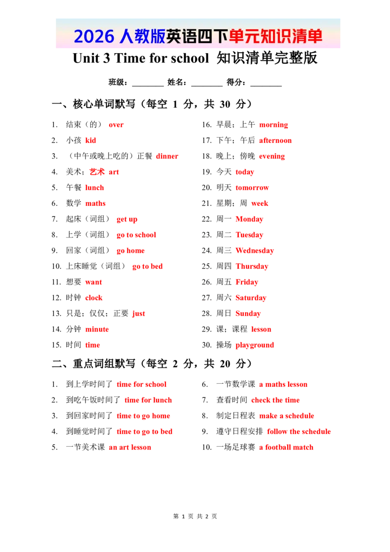 2026春人教版英语四下知识清单Unit3完整版_20知识清单+默写（更新至U4）