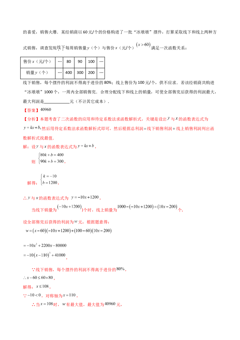 专题22.22二次函数与利润问题题型分类专题（知识梳理与考点分类讲解）（人教版）（教师版）_初中数学_九年级数学上册（人教版）_专题突破练习-V4_2025版